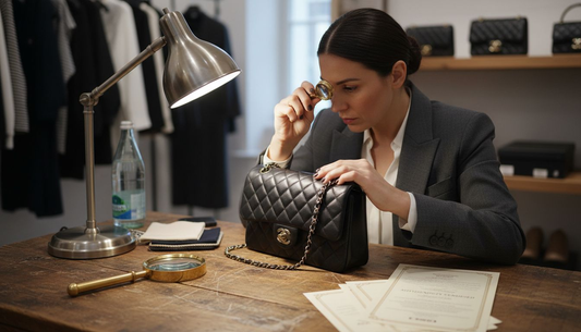 Expert inspecting designer bag at boutique table