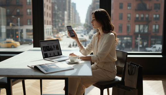 Woman shopping Best luxury fashion platforms 2026 at home