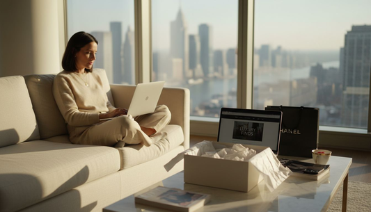 Woman shopping luxury fashion online at home