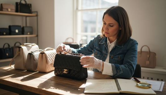 Handbag authenticator examining luxury Chanel bag