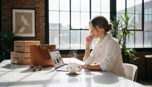 Woman shopping on laptop with luxury handbag and boxes – Top 4 Sites for Discounted Luxury Accessories 2026