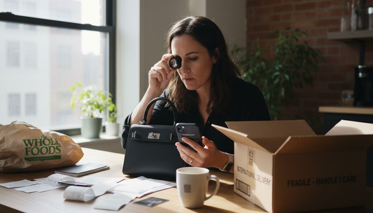 Woman authenticating designer bag at kitchen table