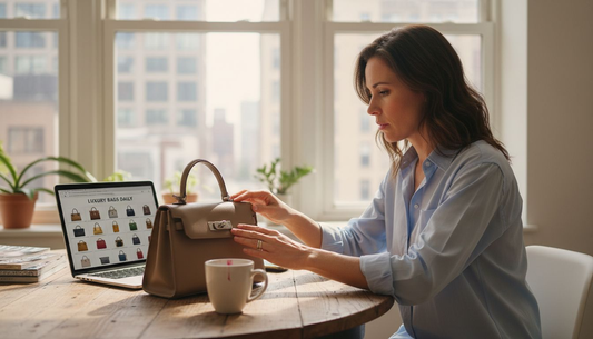 Woman reviewing designer bag at dining table