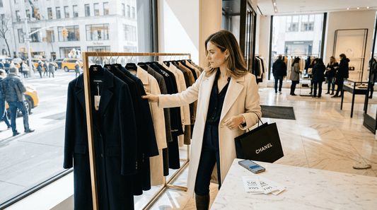 Shopper browsing designer items during sale