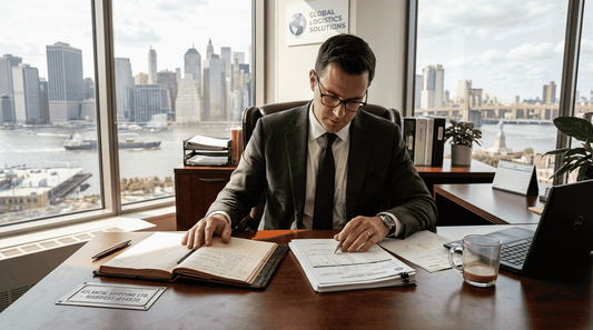 Coordinator reviews luxury shipping documents office