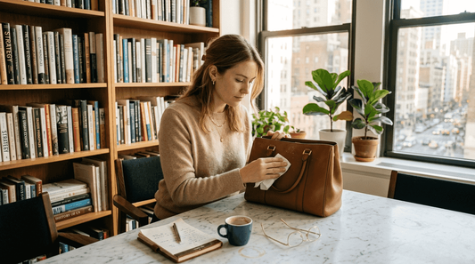Woman cleaning luxury handbag in office
