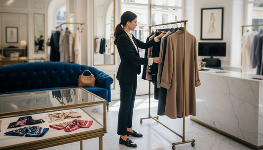 Sales associate arranging garments in designer boutique