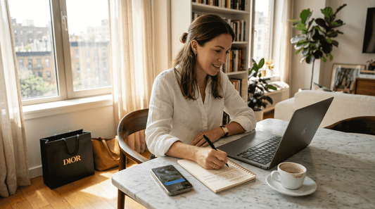 Woman researching luxury shopping at home table
