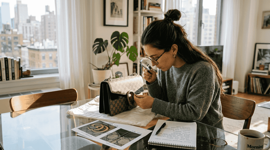 Woman inspecting Gucci bag logo closely