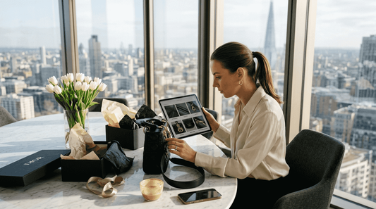 Woman authenticating designer bag at table