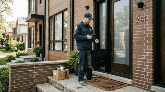 Courier delivering designer package at townhouse door