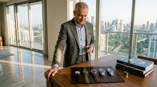 Collector displaying six luxury watch styles