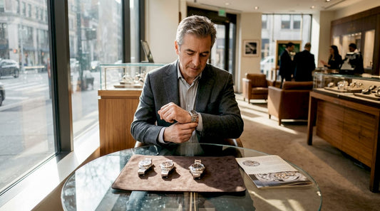 Man reviewing multiple luxury watches in boutique