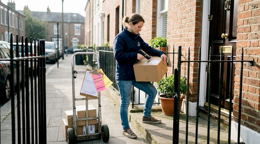 Courier delivering discreet luxury parcel at doorstep