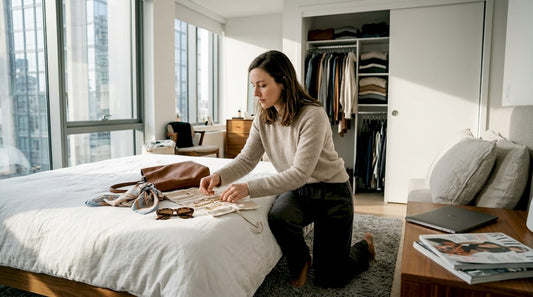 Woman organizing designer accessories in home closet