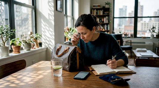 Woman authentically inspecting a luxury designer bag