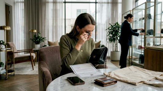 Shopper carefully authenticating luxury handbag