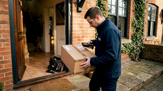 Courier delivering insured luxury package at doorstep
