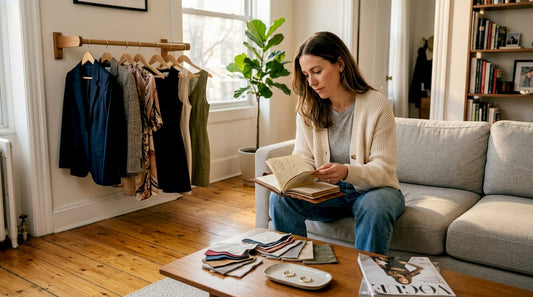 Woman reviewing curated fashion wardrobe at home