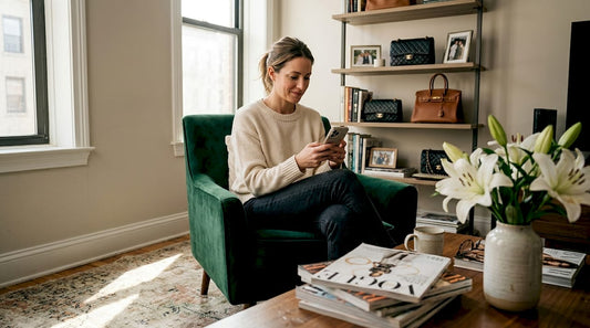 Woman browsing pre-owned designer handbags at home