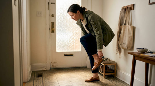 Woman puts on designer shoes near entryway