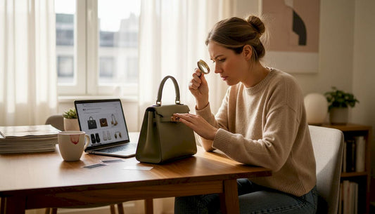 Woman verifies pre-loved designer handbag