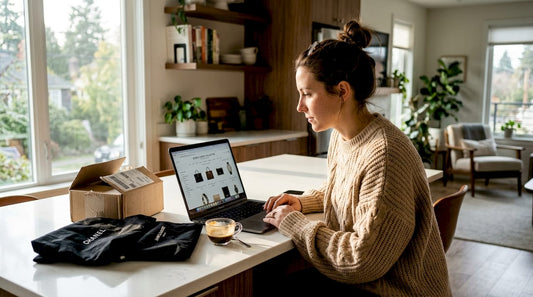 Woman browsing luxury marketplace at kitchen island