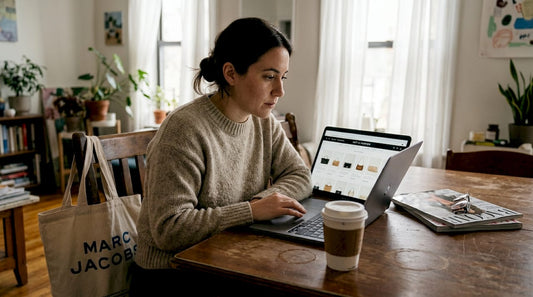 Woman shopping designer sales at home table