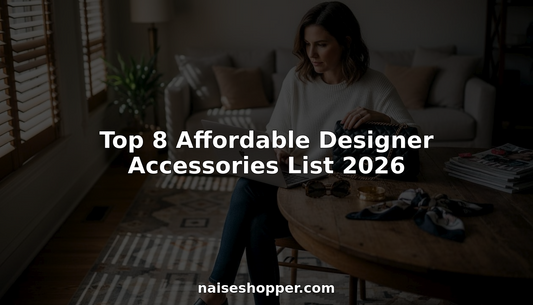 Woman comparing designer accessories at home table
