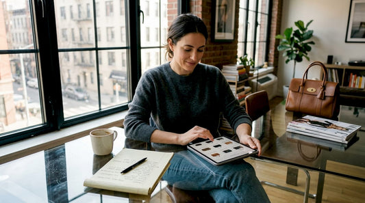 Woman researching designer accessories at home