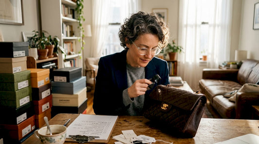 Expert authenticating luxury handbag in home setting