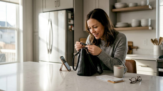 Woman checking designer bag authenticity at kitchen island