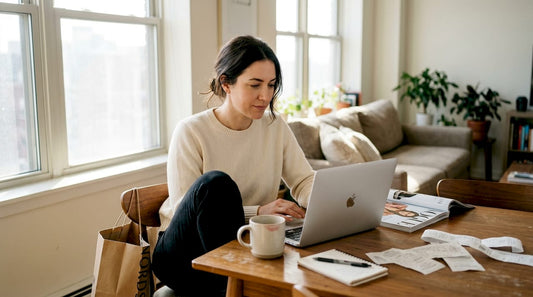 Woman shopping luxury fashion at home