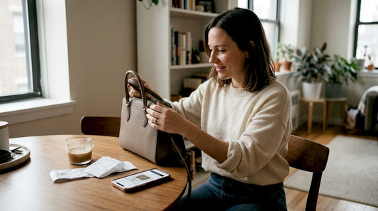 Woman inspecting designer handbag at home table