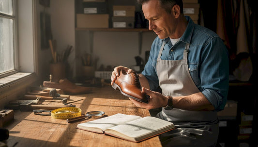 Shoemaker inspecting luxury leather shoe in workshop