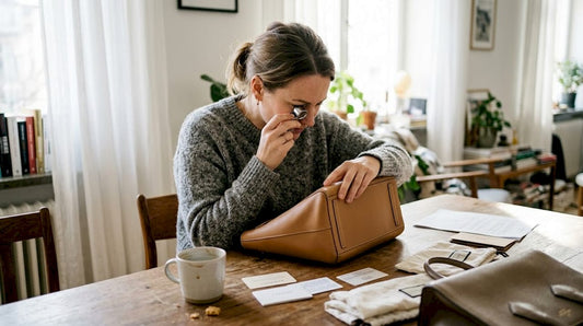 Woman inspecting designer handbag at table