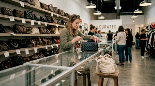 Woman browsing pre-owned designer handbags in boutique