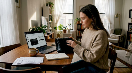 Woman inspecting pre-owned designer bag at home