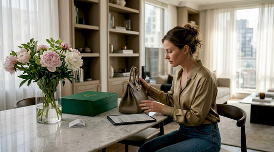 Woman inspects luxury handbag at home