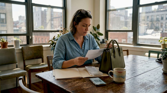Woman inspecting designer handbag with documents