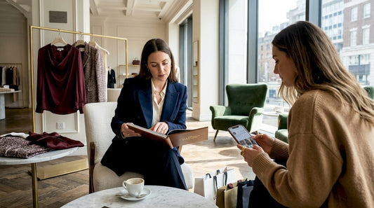 Brand manager and influencer discuss campaign in boutique