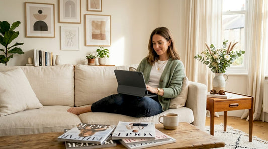 Luxury shopper browsing promos at home