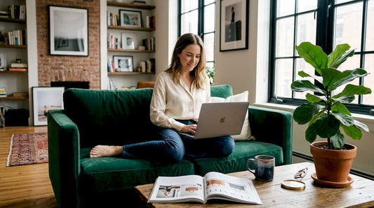 Woman shopping luxury items on laptop at home