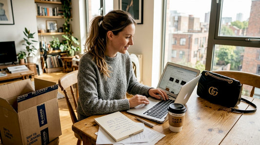 Woman shopping for luxury bags online at home