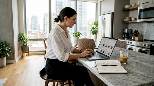 Woman comparing luxury shopping platforms on laptop