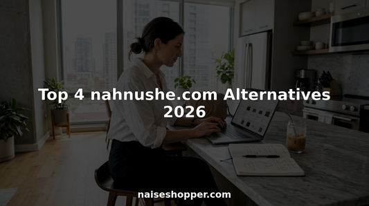 Woman comparing luxury shopping platforms on laptop