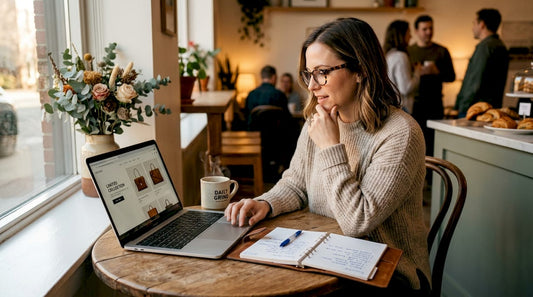 Woman browsing limited designer bags at kitchen table