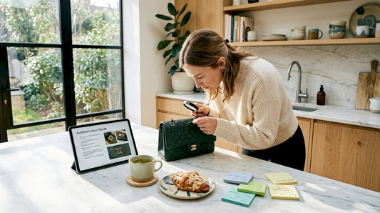 Woman inspecting designer handbag for authenticity