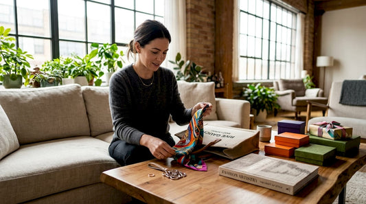 Woman sorting luxury bag accessories at table