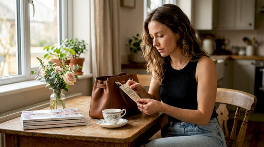 Woman reading luxury bag care tag at kitchen counter